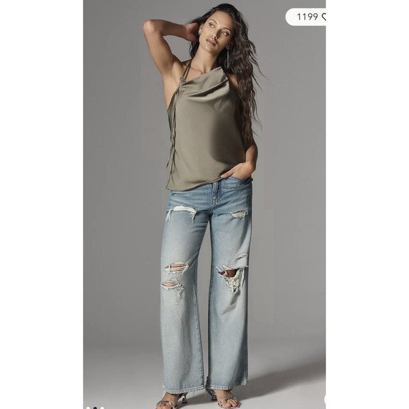 NWT Anthropologie Women's Asymmetric Halter Top Olive Green Size L - Picture 3 of 9